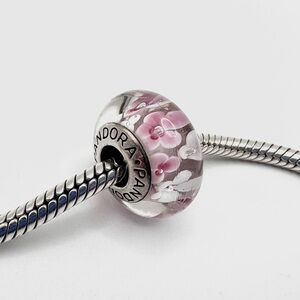 Pandora Pink & White Flowers Murano Glass Sterling Silver Charm